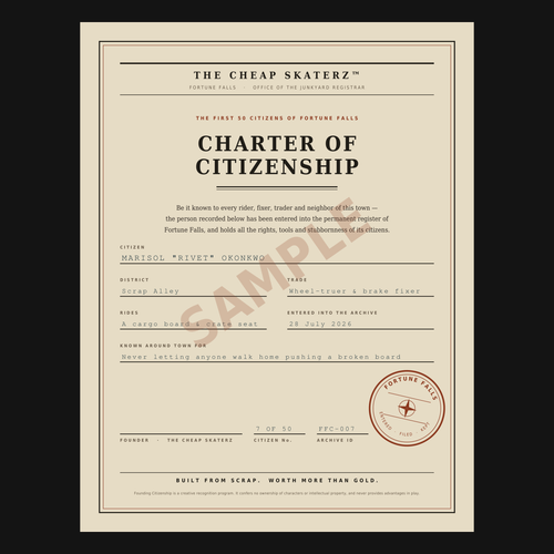 Sample Charter of Citizenship for a Founding Citizen of Fortune Falls, The Cheap Skaterz